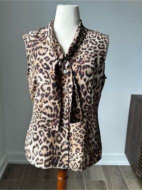 St. John Sleeveless Leopard Print Tie-Neck Blouse - Brown